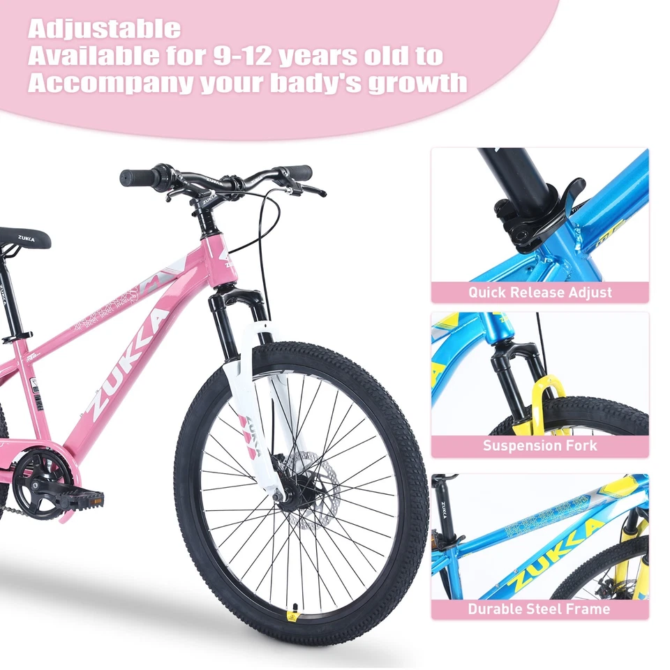Bicicleta de montanha ZUKKA, 24 polegadas MTB para meninos e meninas de 9 a 12 anos, rosa branca - Imagem 4 de 4