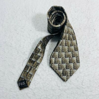 LANVIN Paris Men's 100% Silk Necktie FRANCE Designer Geometric Gold/Gray 59x4