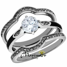 Stainless Steel 1.1 Ct Round Cut Zirconia 3pc Wedding Ring Set Women's Size 5-10