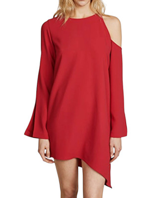 IRO Red Crepe AWATI ASYMMETRIC DRESS Cold Shoulder Split Sleeve Cocktail L/40/8