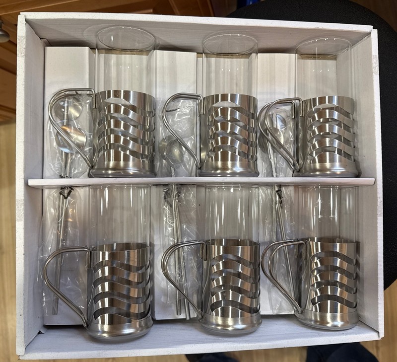 6 PCs Set Coffee Or Tea Cups with glass Carafe Inserts Italian Design