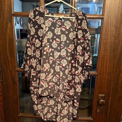 LuLaRoe Lindsay Kimono Cardigan Large Floral Rose Print Open Front Gray Burgundy