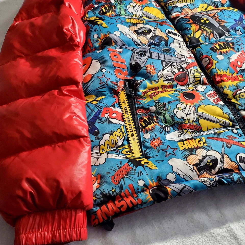 Top Gun Mens Hooded Down Puffer Coat Size XL Red Comic Graphic Print Airplanes - Image 4 of 4