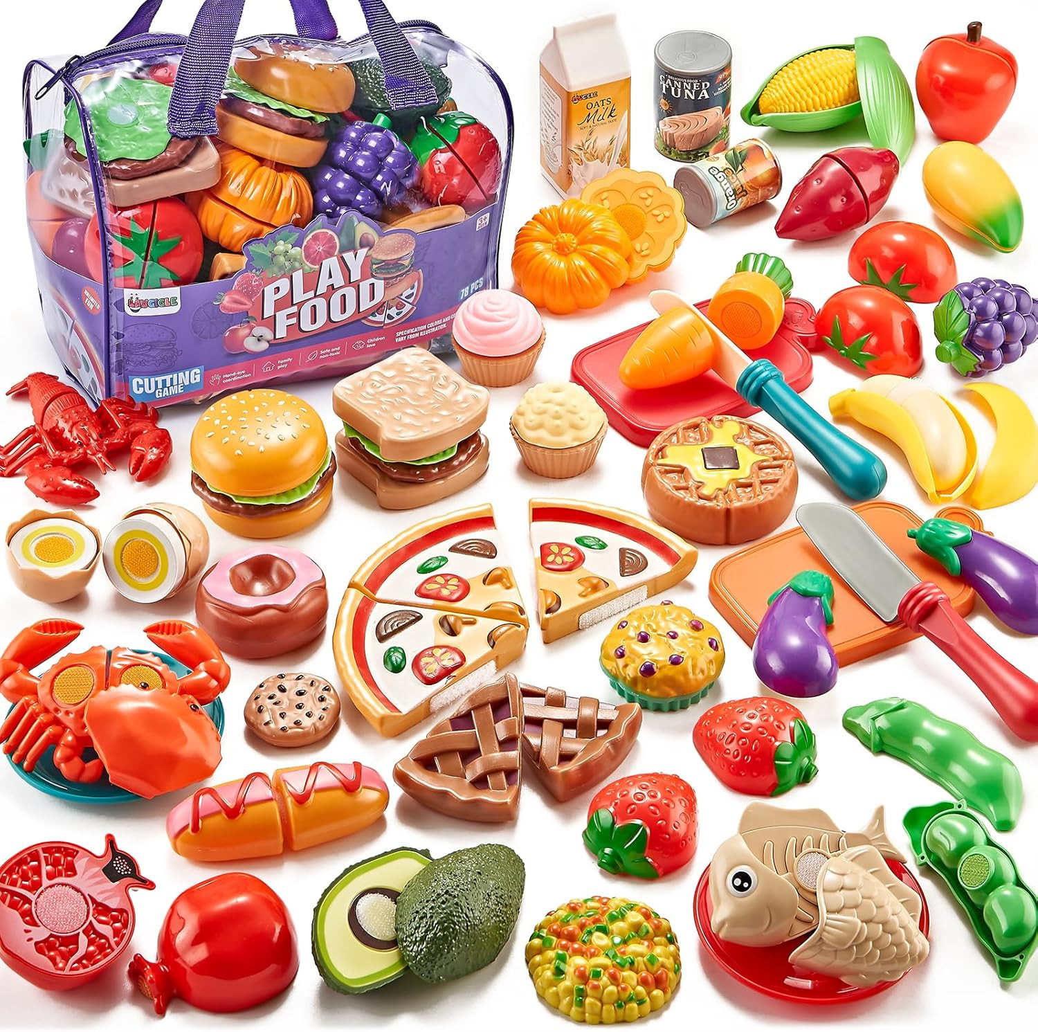 Pretend Play Food for Kids Kitchen - 78Pc Cutting Toy with Storage Bag, Toys Veg