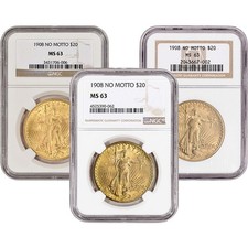 US Gold $20 Saint-Gaudens Double Eagle NGC MS63 1908 No Motto Random Label