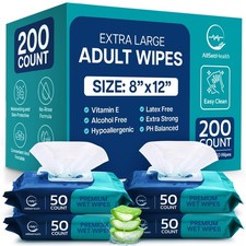 Body Wipes for Adults Bathing No Rinse - Adult 50 Count Pack of 4 , Clear