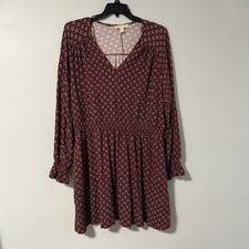 Michael Kors Burgundy Geometric Print Long Sleeve Smocked Waist V Neck Dress XXL