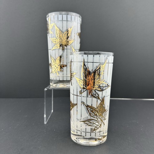 Fred Press FOGLIE D'ACERO ORO Bicchieri Highball Smerigliati (2) Vintage MCM