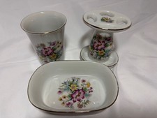 Vintage 3 Pc Ceramic Vanity Set Soap Dish Toothbrush Holder Cup Cottagecore C11 