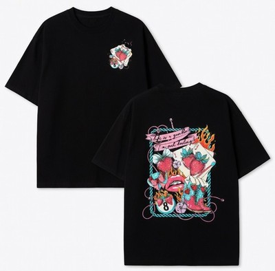 Strawberry Playing Cards Lips 8 Ball Double Sided Graphic Black Cotton T-Shirt
