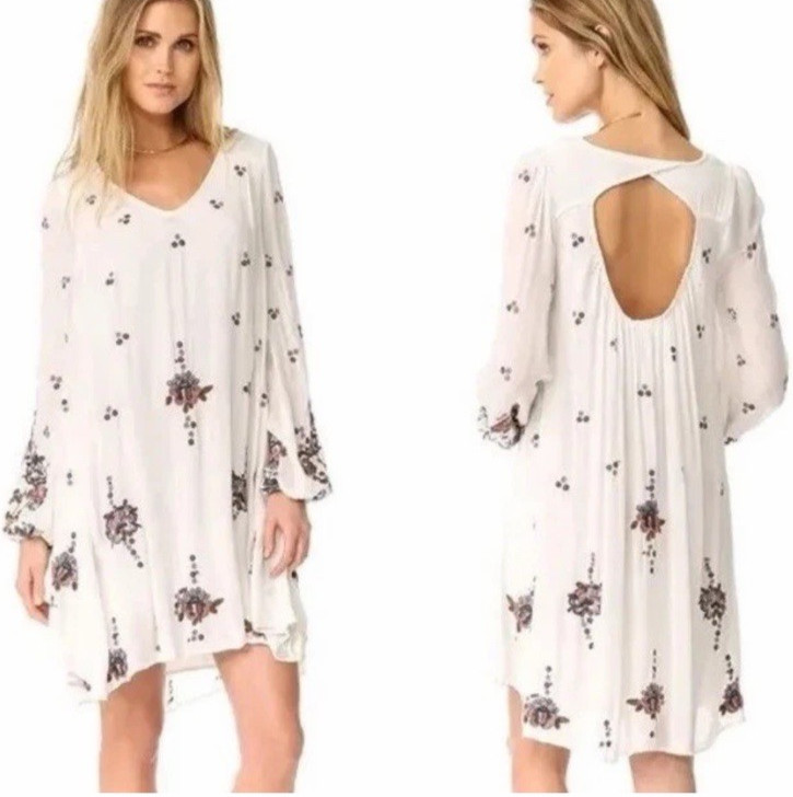 NWT Sz S Free People Embroidered Oxford Swing Cut Out Mini Festival Boho Dress