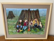 Oil On Board - Men Harvest Farmer Country Scene - Framed (21 1/4" x 17 1/4")
