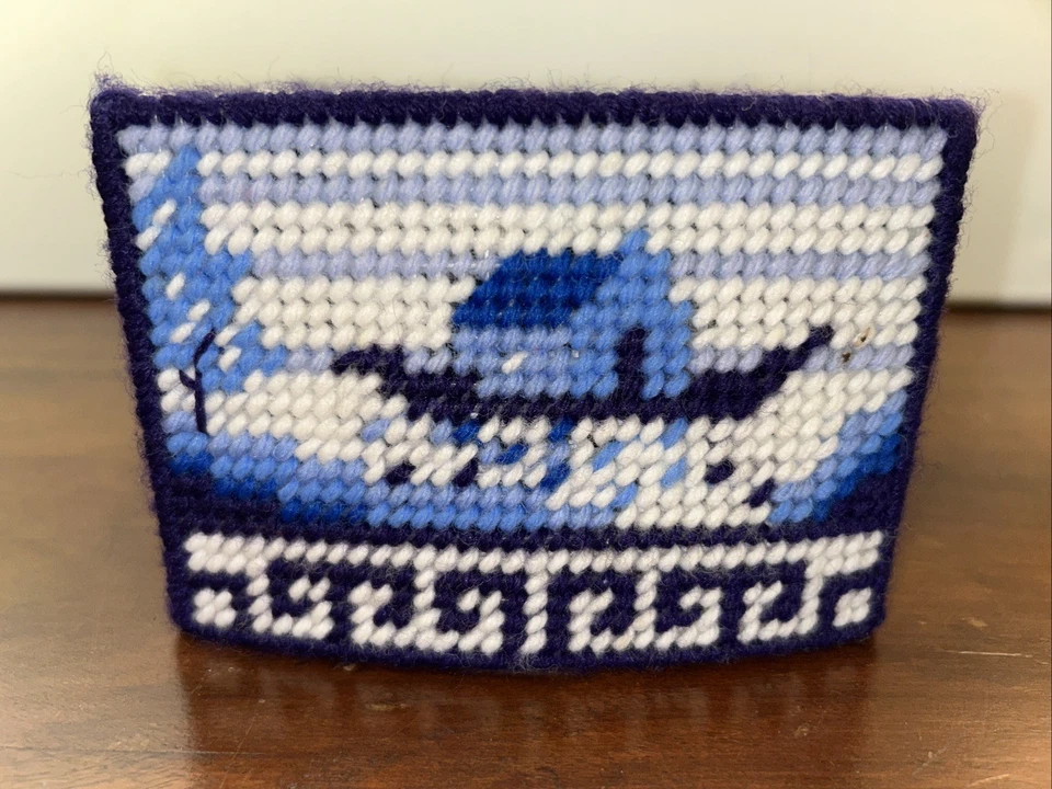 Cubierta de caja de pañuelos de colección punta de aguja hecha a mano lona de plástico rectángulo azul sauce Foto 2 de 4