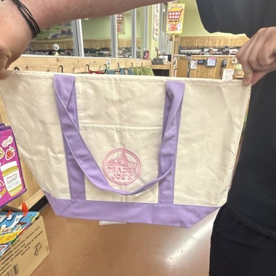 Trader Joe's Canvas Reusable Shopping Bag Beige Purple Solid Tote