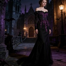 Gothic Black Purple Mermaid Wedding Dress Long Sleeves Lace Applique Bridal Gown