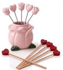 Pink Rosebud Ceramic Cocktail Set  5 Mini Forks + BONUS  5 Wooden Fruit Skewers