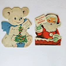 2 Vtg Norcross Christmas Cards Flocked Die Cut Baby's First Christmas Santa