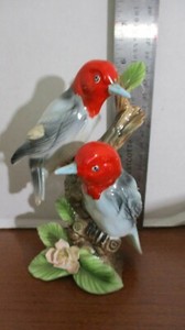 Vintage JAPAN~PAIR of RED HEADED WOODPECKER BIRDS FIGURINE~6.5"