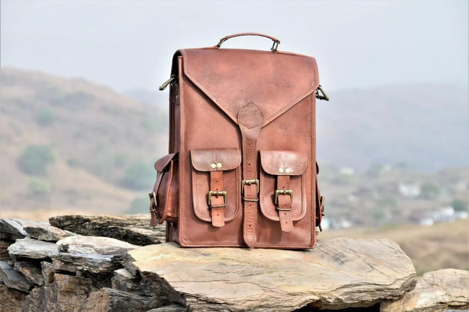 Handmade Vintage Leather Messenger Backpack Unisex Rucksack Brown