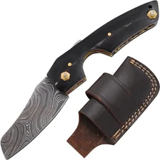 Damascus Steel Cigar Cutter Knife Razor Sharp Horn Handle with Leather Sheath