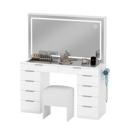 Vanity Desk 10 Drawers Makeup Table Mirror Glass Tabletop Power Hub w/ LED Light - Picture 9 of 11