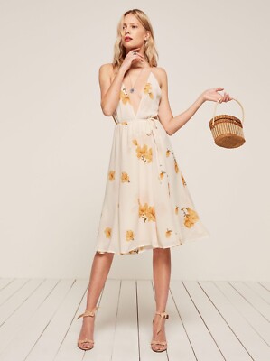floral knee length wrap dress Reformation Shirley Wrap Dress Yellow Floral Flare Knee Length Deep V XS