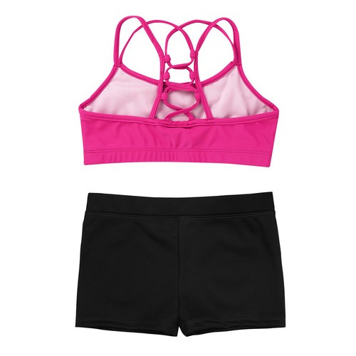 Girls Athletic Dance Sport Outfits Racer Back Crop Top with Shorts Swimwear - Picture 54 of 64