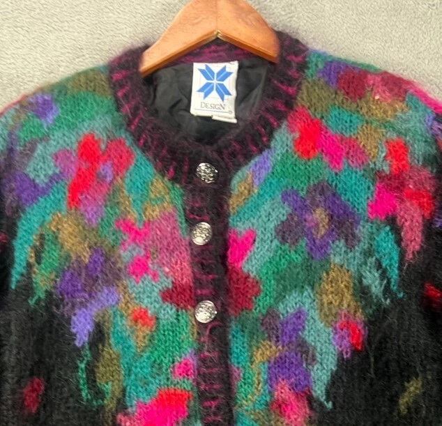 Suéter Mohair Vintage Pequeño DISEÑO ISLANDÉS Colorido Difuso Cárdigan Negro Años 90 Foto 2 de 4