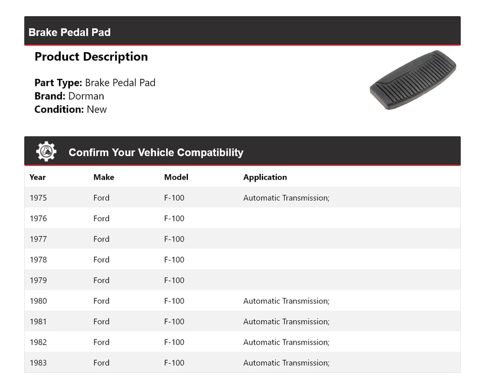 Pastilla de pedal de freno para Ford F-100 Dorman 1975-1983 1976 1977 1978 1979 1980 1981 Foto 2 de 4
