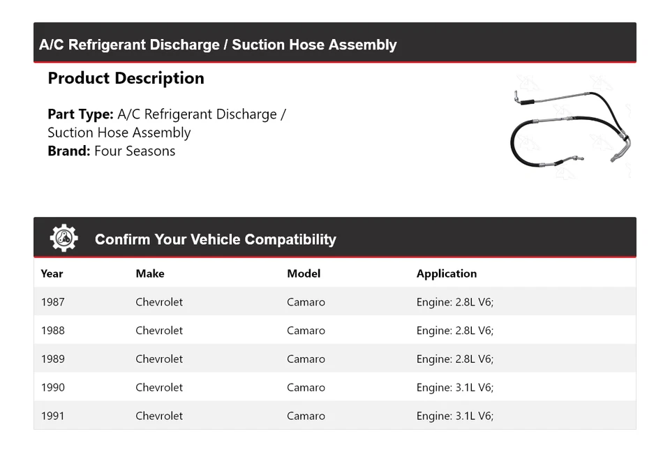 Conjunto de manguera de línea de succión de descarga para Chevrolet Camaro 1987-91 4 estaciones 19 Foto 2 de 4