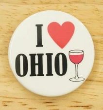 Vintage Metal Pinback Button Wine Glass I LOVE OHIO 1.75" Wide