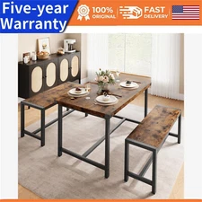 Dining Table Set for 4 Kitchen Table with 2 Metal Wood Benches for Small Space