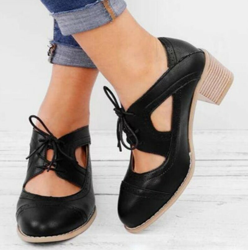 Retro Women's Lace Ups Oxfords Brogue Block Mid Heels Round Toe Shoes Pump Casua
