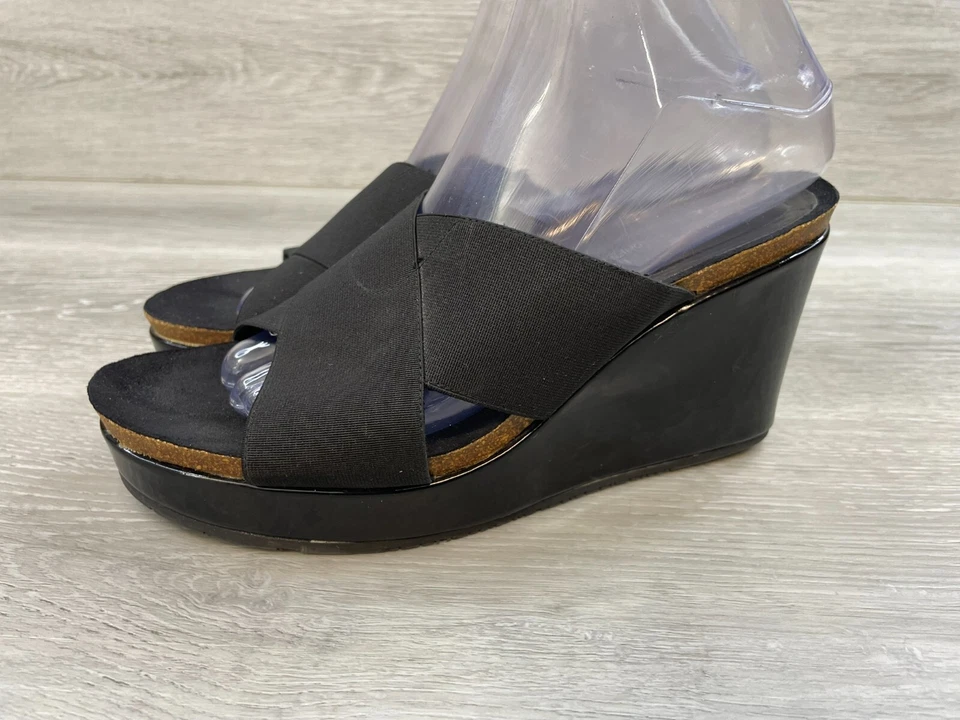 Sandalia para mujer Donald J. Pliner caramelo EE. UU. 8,5 negra textil sin cordones zapatos de cuña Foto 3 de 4