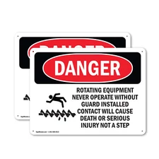 (2 Pack) Rotating Equipment Never Operate OSHA Danger Sign Decal Metal Plastic