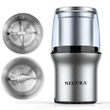Secura Electric Coffee Grinder and Spice Grinder with 2 Stainless Steel Blade...