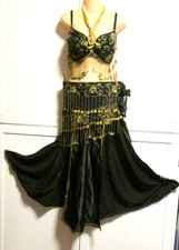 Belly Dance 4 Pc Black Gold Coins Costume- Skirt, Overskirt, Bra 38C,  Necklace