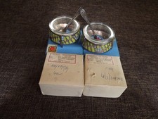 2 Saliere Salzgef&auml;&szlig;e  Kaviarschale, L&ouml;ffelchen, UdSSR Emaille versilbert, Neu!