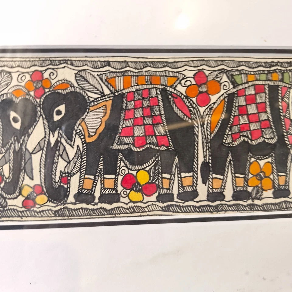 Indian Folk Art Elephant Painting Madhubani Framed Hand Painted Ink Bihar 60cm - image 3 of 4