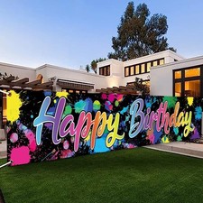 118x20 Inch Neon Glow in the Dark Happy Birthday Yard Banner - Colorful Graffiti