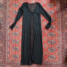 Black Lace Sheer Stretch Knit Duster One Button, Long Sleeve, Full Length