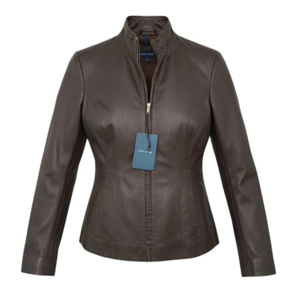 Cole Haan Women's Sz SP Dark Espresso Smooth Leather Wing Collar Leather Jacket - Image 4 of 4