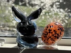 Bunny & Egg Pair. Blenko Blown Glass Egg & Marrowbone Rabbit