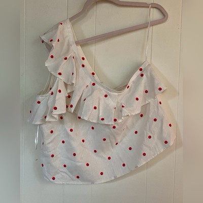 Mi Ami Blouse Women s Large White Red Polka Dots Linen Cold Shoulder  Cropped