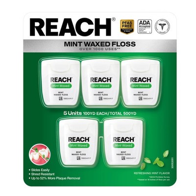 REACH Mint Waxed Dental Floss 5 Pack 500 Yards Total 100 yd Each