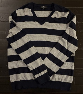 Express Men's Large Navy Blue and Gray V Neck Sweater Pullover 100% Cotton