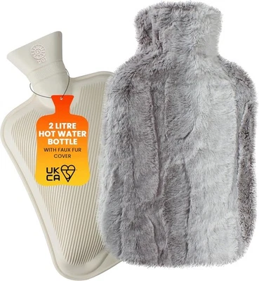 LKH HOME COLLECTION Hot Water Bottle with Fluffy Fur Cover Pom Poms 2L Cosy Comfort Body Pain Relief