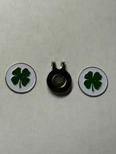 (2) 4-Leaf Clover Good Luck Irish 1" Coin Style Golf Markers With Bonus Hat Clip