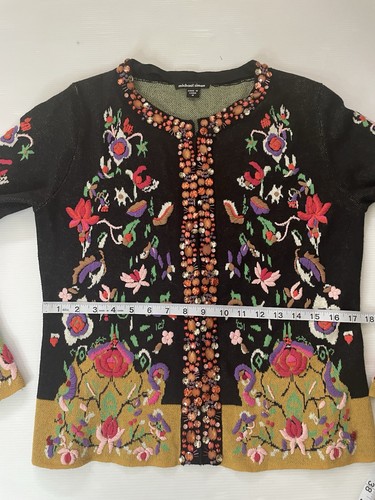 Vintage Michael Simon Embroidered Floral Beaded Sweater Cardigan | Size Medium - Picture 8 of 9
