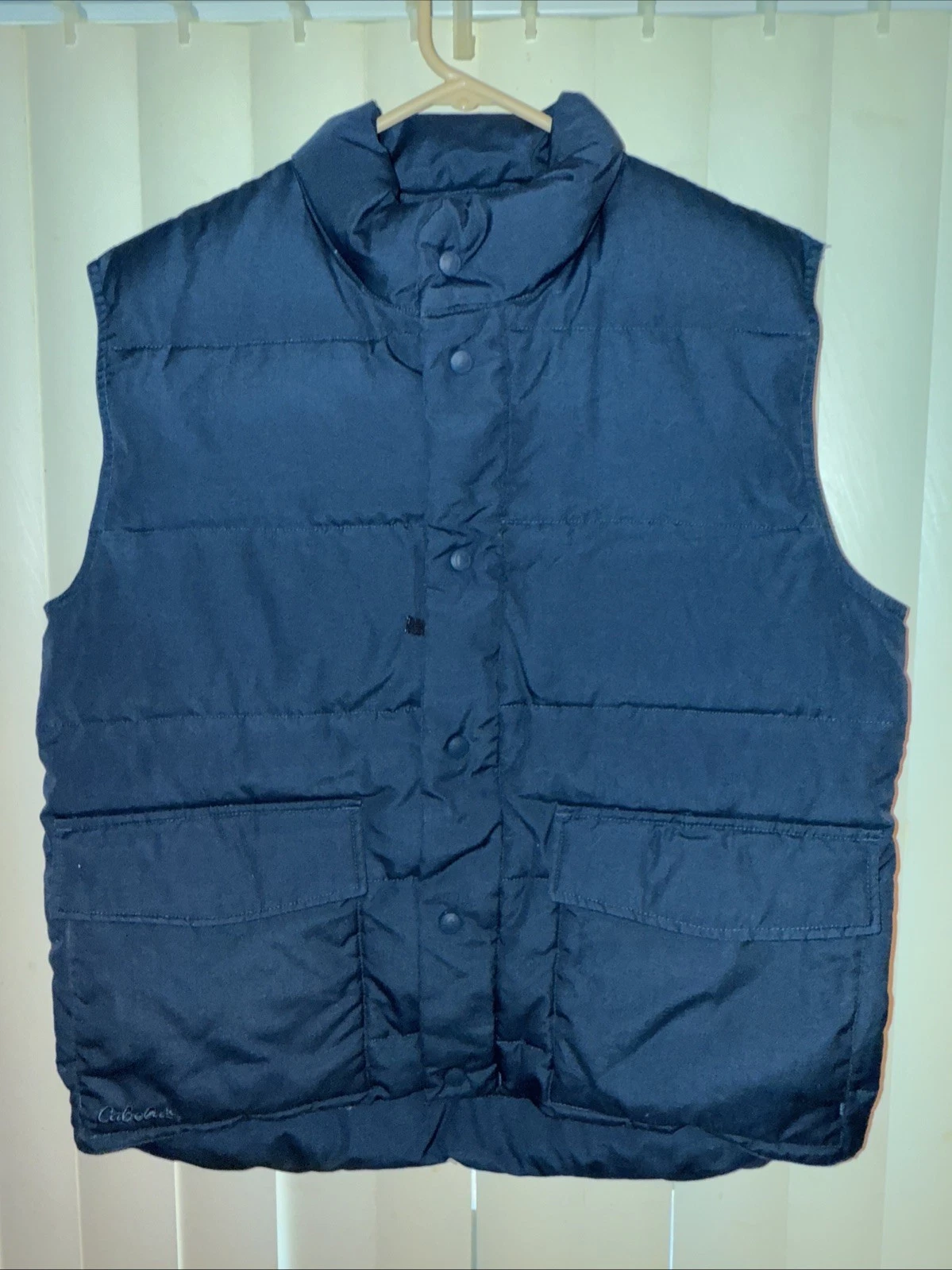 Cabelas Premier Northern Goose Down Vest Mens Medium Navy Blue Hunt Hike Puffer